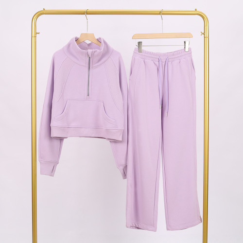 LULU Women's Yoga Outfit: Loose Fit Stand Collar Sweatshirt with Half Zipper and Sweatpants Set, Casual Loose Short Style with Fleece Lining