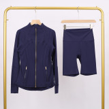 LULU DF Embossed Stand Collar Jacket and Shorts Set with Gold Zipper, Slim Fit, Stretchy, Quick-Dry Fitness Yoga Wear