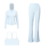 LULU DF Embossed Hooded Jacket, Y-shaped Vest, Bell-bottom Pants Three-piece Set, Starry Gold Zipper Yoga Outfit