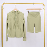 LULU DF hooded jacket and shorts set with gold zipper, slim fit, stretchy, quick-drying, fitness, sports, yoga wear for women