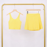 LULU Women's Sports Tennis Skirt Anti-Exposure Fitness U-Back Vest Short Skirt Set Fake Two-Piece Yoga Shorts Fashionable