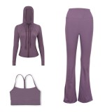 LULU DF Embossed Hooded Jacket, Y-shaped Vest, Bell-bottom Pants Three-piece Set, Starry Gold Zipper Yoga Outfit