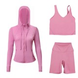 LULUDF Embossed Hooded Jacket, U-Shaped Vest, Three-Quarter Pants, Three-Piece Set, Gold Zipper Yoga Outfit, Long Sleeve