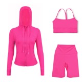 LULU DF hooded jacket, Y-back vest, three-quarter pants three-piece set, starry gold zipper slim-fit yoga outfit