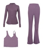 LULU DF stand-up collar jacket, U-shaped vest, bell-bottom pants three-piece set with gold zipper, sports fitness slim-fit yoga wear