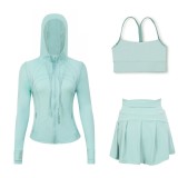 LULU sports tennis skirt with hooded jacket and Y-back tank top set for women, anti-exposure fitness short skirt, slimming effect