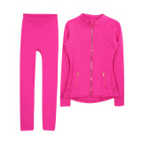 Embossed Stand Collar Jacket and Cropped Pants Set with Gold Zipper, Slim Fit, Stretchy, Quick-Dry Fitness Yoga Wear