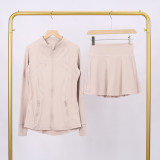 LULU branded stand-up collar jacket and skirt set, sports tennis skirt for women, anti-exposure fitness skirt, two-piece design