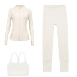 LULU DF Stand Collar Jacket, Y-Back Vest, Nine-Quarter Pants Three-Piece Set, Starry Gold Zipper Slim Fit Yoga Outfit