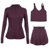 LULU sports tennis skirt, anti-exposure stand-up collar jacket, U-shaped tank top, short skirt three-piece set, yoga quick-dry pleated skirt