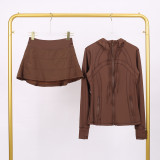 LULU hooded jacket with embossed design, three-pleat skirt set, fitness sports faux two-piece elastic tennis skirt for all seasons
