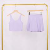 LULU Women's Sports Tennis Skirt Anti-Exposure Fitness U-Back Vest Short Skirt Set Fake Two-Piece Yoga Shorts Fashionable