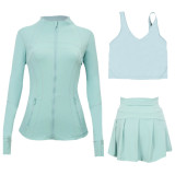 LULU tennis skirt, anti-exposure stand-up collar jacket, U-neck tank top, short skirt three-piece set, yoga quick-dry pleated skirt, long sleeve
