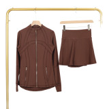 LULU DF Stand Collar Jacket and Skirt Set with Gold Zipper, Slim Fit Jacket, Stretchy Quick-Dry Fitness Yoga Outfit