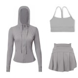 LULU sports tennis skirt with hooded jacket and Y-back tank top set for women, anti-exposure fitness short skirt, slimming effect