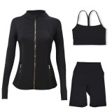 LULU DF stand-up collar jacket, Y-back vest, three-quarter pants, three-piece set with gold zipper, sporty slim-fit yoga wear