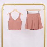 LULU Women's Sports Tennis Skirt Anti-Exposure Fitness U-Back Vest Short Skirt Set Fake Two-Piece Yoga Shorts Fashionable