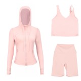 LULUDF Embossed Hooded Jacket, U-Shaped Vest, Three-Quarter Pants, Three-Piece Set, Gold Zipper Yoga Outfit, Long Sleeve