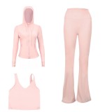 LULU DF hooded jacket, U-shaped vest, bell-bottom pants three-piece set, starry gold zipper slim-fit yoga outfit