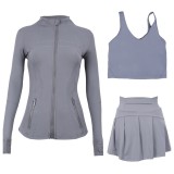 LULU sports tennis skirt, anti-exposure stand-up collar jacket, U-shaped tank top, short skirt three-piece set, yoga quick-dry pleated skirt