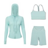 LULU DF hooded jacket, Y-back vest, three-quarter pants three-piece set, starry gold zipper slim-fit yoga outfit