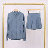 LULU branded stand-up collar jacket and skirt set, sports tennis skirt for women, anti-exposure fitness skirt, two-piece design