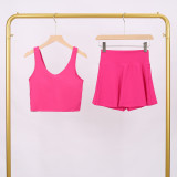 LULU Women's Sports Tennis Skirt Anti-Exposure Fitness U-Back Vest Short Skirt Set Fake Two-Piece Yoga Shorts Fashionable