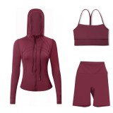 LULU DF hooded jacket, Y-back vest, three-quarter pants three-piece set, starry gold zipper slim-fit yoga outfit