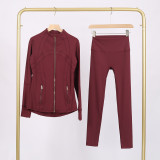Embossed Stand Collar Jacket and Cropped Pants Set with Gold Zipper, Slim Fit, Stretchy, Quick-Dry Fitness Yoga Wear
