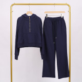 LULU Women's Yoga Wear Half-Zip Loose Hoodie Sweatshirt and Sweatpants Set Casual Loose Short Style with Fleece Lining