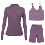LULU DF stand-up collar jacket, U-shaped vest, three-piece set with cropped pants and gold zipper, slim-fit sports yoga wear