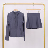 LULU branded hooded jacket and short skirt set, sports tennis skirt for women, anti-exposure fitness two-piece new style