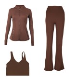 LULU DF stand-up collar jacket, U-shaped vest, bell-bottom pants three-piece set with gold zipper, sports fitness slim-fit yoga wear