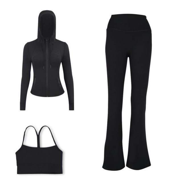 LULU DF Embossed Hooded Jacket, Y-shaped Vest, Bell-bottom Pants Three-piece Set, Starry Gold Zipper Yoga Outfit