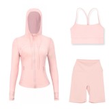 LULU DF hooded jacket, Y-back vest, three-quarter pants three-piece set, starry gold zipper slim-fit yoga outfit