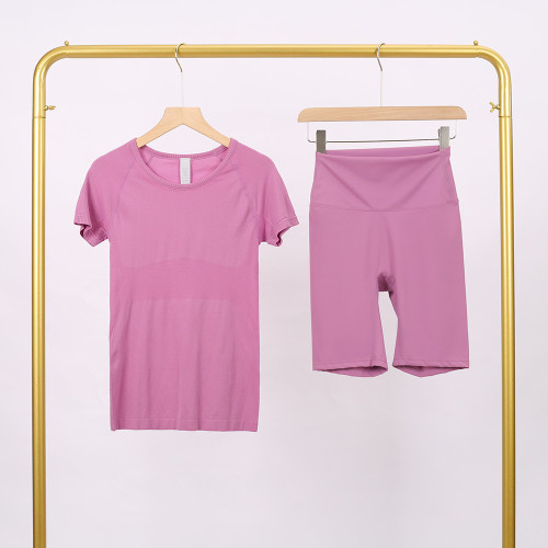LULU3.0 High-Elasticity Sports Round-Neck Short-Sleeve Five-Pocket Pants Set for Women, Quick-Dry Running Training T-Shirt, Yoga Outfit for Women
