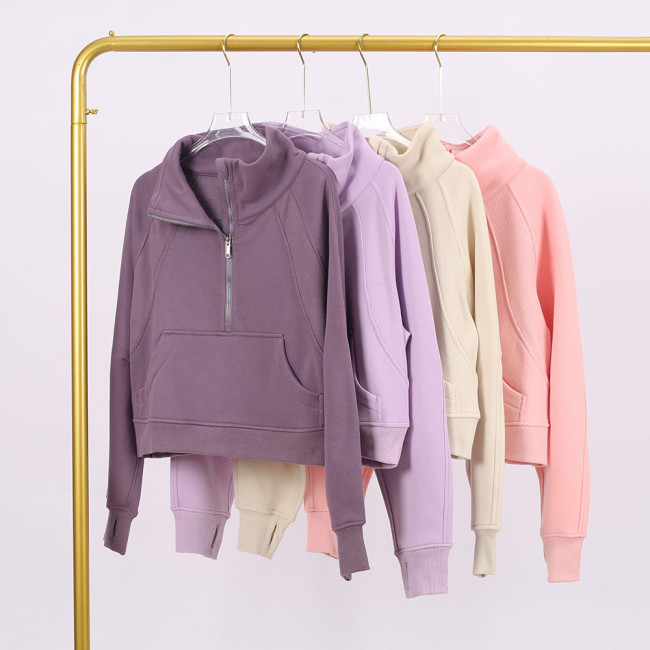 LULU Women's Yoga Wear Half-Zip Terry Stand-Up Collar Sweatshirt Casual Loose Short Fleece-Lined Sweatshirt