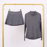 LULU Embossed Stand Collar Jacket and Three-Pleat Skirt Set for Fitness and Sports, Faux Two-Piece Anti-Exposure Elastic Tennis Skirt