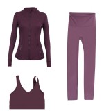 LULU DF stand-up collar jacket, U-shaped vest, cropped pants three-piece set, starry gold zipper slim-fit yoga wear