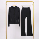 LULU in-stock hooded jacket with embossed logo, flared pants set, running and yoga wear, slim-fit zip-up cardigan with long sleeves
