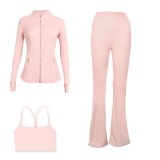 LULU DF Embossed Stand Collar Jacket, Y-shaped Vest, Flared Pants Three-piece Set with Gold Zipper, Sports Fitness Yoga Outfit