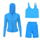LULUDF Embossed Hooded Jacket, U-Shaped Vest, Three-Quarter Pants, Three-Piece Set, Gold Zipper Yoga Outfit, Long Sleeve
