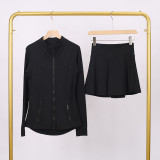 LULU branded stand-up collar jacket and skirt set, sports tennis skirt for women, anti-exposure fitness skirt, two-piece design