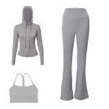 LULU DF Embossed Hooded Jacket, Y-shaped Vest, Bell-bottom Pants Three-piece Set, Starry Gold Zipper Yoga Outfit