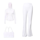 LULU DF Embossed Hooded Jacket, Y-shaped Vest, Bell-bottom Pants Three-piece Set, Starry Gold Zipper Yoga Outfit