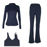 LULU DF stand-up collar jacket, U-shaped vest, bell-bottom pants three-piece set with gold zipper, sports fitness slim-fit yoga wear