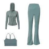 LULU DF Embossed Hooded Jacket, Y-shaped Vest, Bell-bottom Pants Three-piece Set, Starry Gold Zipper Yoga Outfit