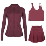 LULU sports tennis skirt, anti-exposure stand-up collar jacket, U-shaped tank top, short skirt three-piece set, yoga quick-dry pleated skirt