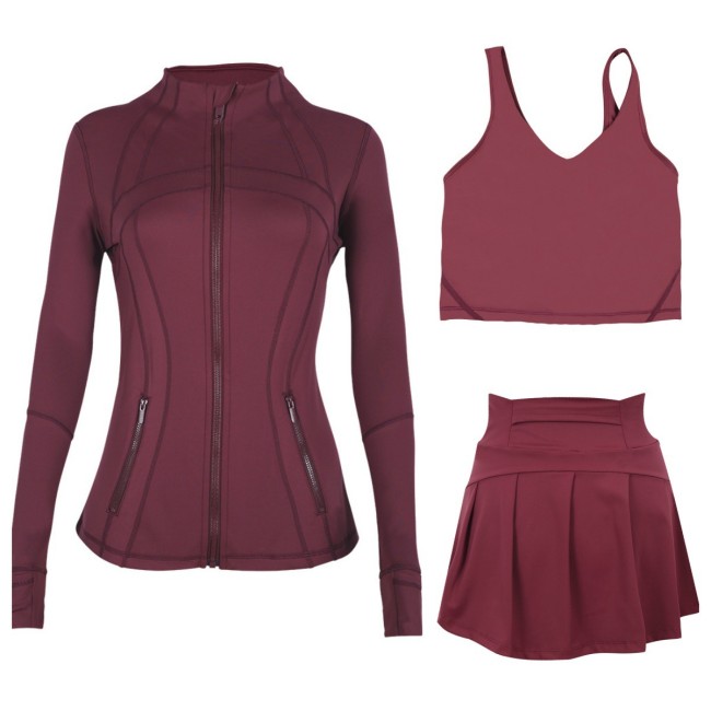 LULU sports tennis skirt, anti-exposure stand-up collar jacket, U-shaped tank top, short skirt three-piece set, yoga quick-dry pleated skirt