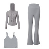 LULU DF hooded jacket, U-shaped vest, bell-bottom pants three-piece set, starry gold zipper slim-fit yoga outfit